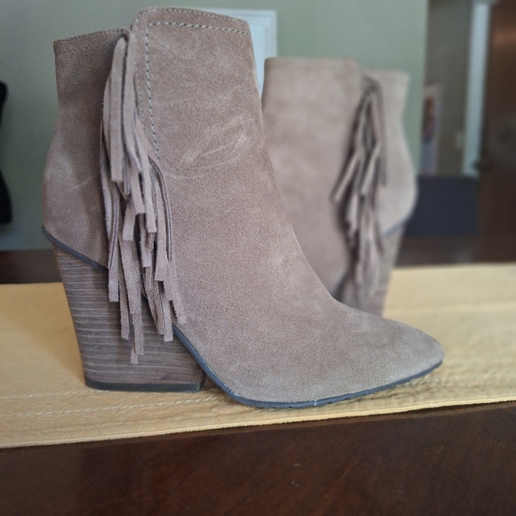 Isola Fringed Suede Leather Ankle Heeled Boots - Taupe Brown 6 - Picture 12 of 16
